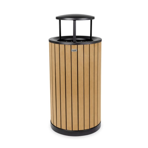 Alpine Industries 32 Gallon Round Outdoor Trash Container, Rain Bonnet Lid, Cedar